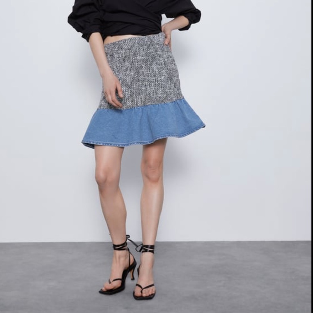 NWT ZARA TWEED SKIRT WITH CONTRASTING DENIM